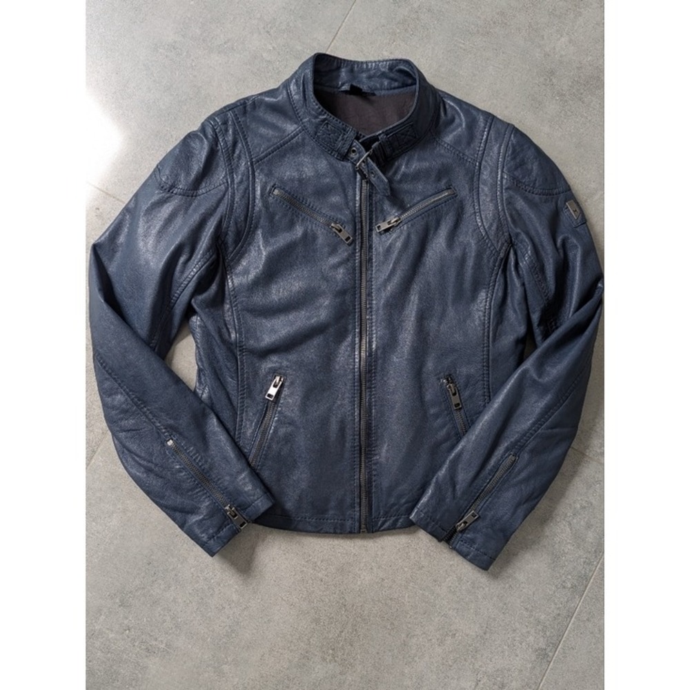 Mauritius Sandy Lamb Leather Jacket S | Dark Blue Moto Zip Regular Fit